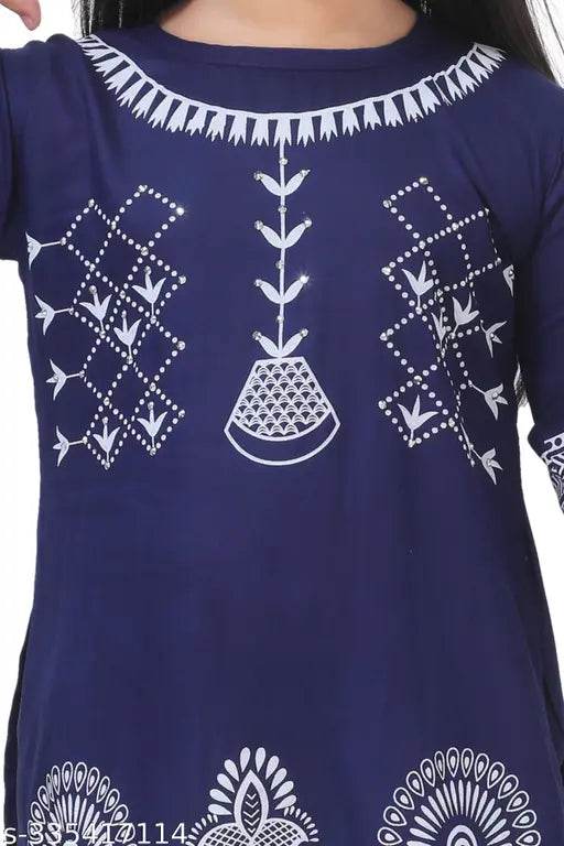 Kids Rayon A-line palazzo set with printed three-quarter sleeves. Traditional ethnic festival wear for girls aged 1-9 years, India origin