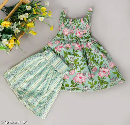 Pure cotton sleeveless kurti with sharara set for baby girl, vibrant printed partywear