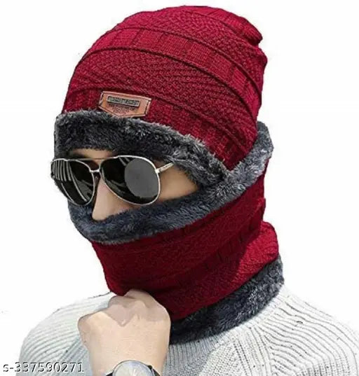 Woolen cap and neck scarf combo for winter, colorblocked design, premium quality wool and acrylic blend, perfect for men and women in cold weather activities