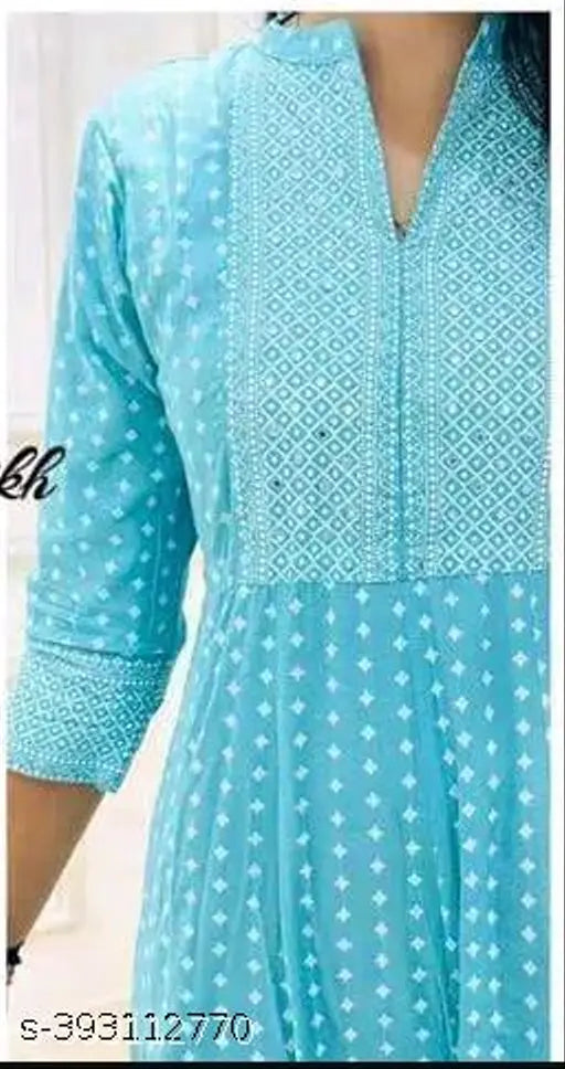 Rayon plus size anarkali kurta for women, printed combo with three-quarter sleeves on mannequin
