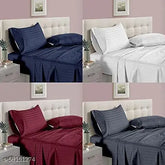 Blue, white, grey maroon AKIN 220 TC Glace cotton striped flat sheets for double bed with 8 pillow covers, ideal for home, hotels, guest house (228x254 CM)