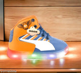 Orange and blue synthetic leather children's light shoes with velcro fastening, breathable and comfortable for active play