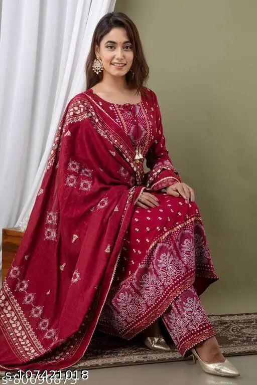 Rayon Anarkali 3-piece set with printed duppata and bottomwear, elegant Indian women's fashion
