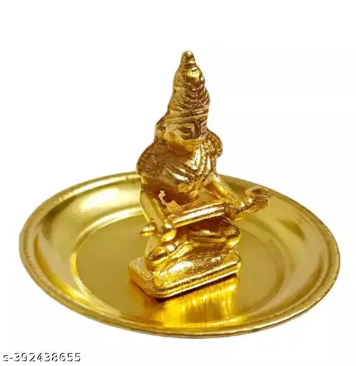 Pure brass Annapurna Devi statue, Indian god idol with Kashi Vishvanath coin on plate