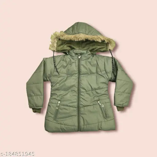 Stylish nylon winter jacket for girls, solid design, long sleeves, fur hood (India)