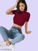Maroon short sleeves casual top, solid pattern by Maheshvi. Women's XS-XL sizes, high neck, polyester blend from India