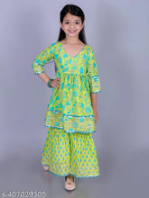Lime green cotton floral print Anarkali/Flared Kurta & Sharara Set, 90% cotton + 10% polyester, suitable for casual wear, gentle machine wash. Available in sizes: 2-3Y (20in/20in), 3-4Y (22in/22in), 4-5Y (24in/24in), 5-6Y (26in/26in), 7-8Y (30in/30in), 9-10Y (32in/32in), 11-12Y (34in/34in), 13-14Y (36in/36in). Indian origin