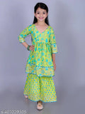 Lime green cotton floral print Anarkali/Flared Kurta & Sharara Set - soft, breathable, and comfortable girls' casual wear (Size: 2-3 Years)