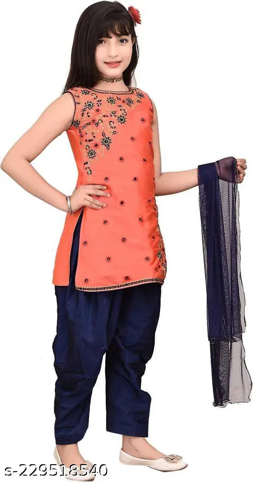 Agile Stylus girls set: cotton blend top, art silk bottom - embroidered, sleeveless dress combo for 4-11 years old, Indian origin