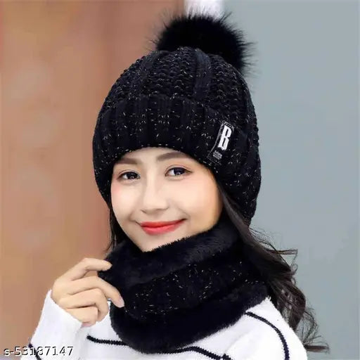 Black Inside Fur Wool Beanie & Scarf Set - Soft Fleece Winter Cap for Women, Cozy Accessory