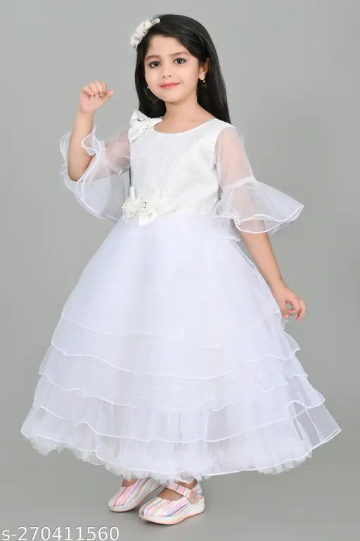 Net gown for girls party, printed pattern, three-quarter sleeves. Ideal for 3-10 years. Quality children's wear from Bengal Garments, made in India