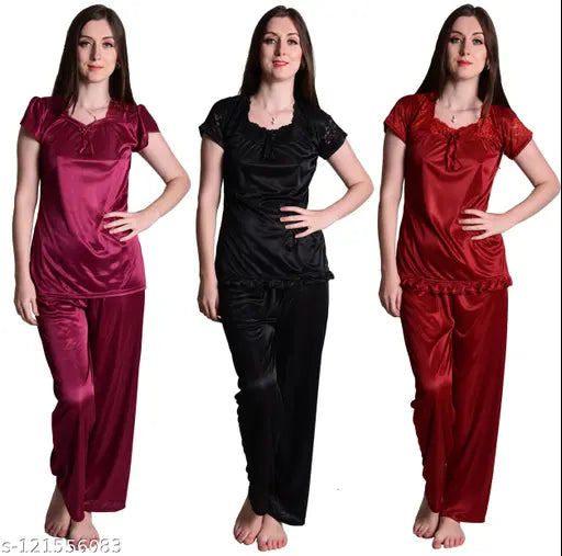 Women's WineMaroonBlack satin pajama set combo, pack of 3 - luxurious sleepwear for special nights