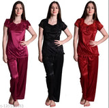 Women's WineMaroonBlack satin pajama set combo, pack of 3 - luxurious sleepwear for special nights