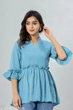 Cotton blend ruffled pleated top for women and girls, solid color elastic gather design with three-quarter sleeves made in India
