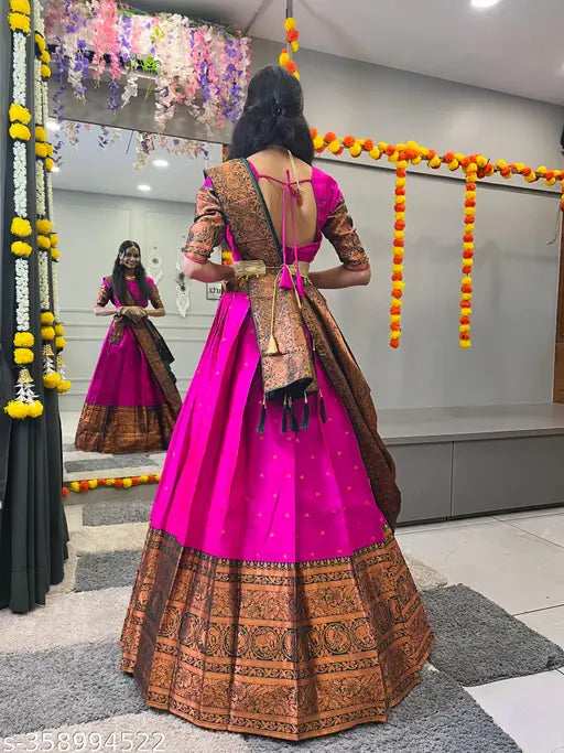 Art Silk half saree, South Indian style with Litchi Silk zari work and woven design, semi-stitched Choli and dupatta with tussles and belt, ready for shipping from India