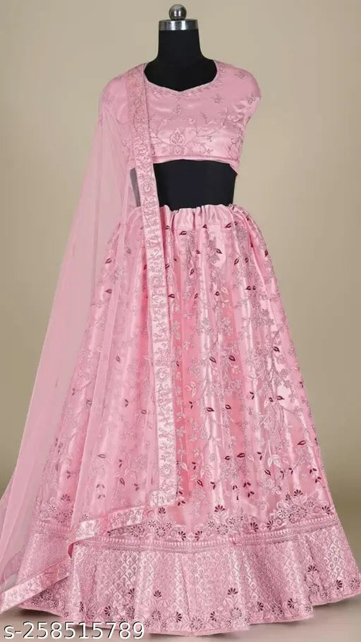 Stunning pink embroidered net party wear Lehenga Choli Set with 2.5m dupatta, semi-stitched blouse. Indian wedding dress, trendy design for women's functions and special occasions