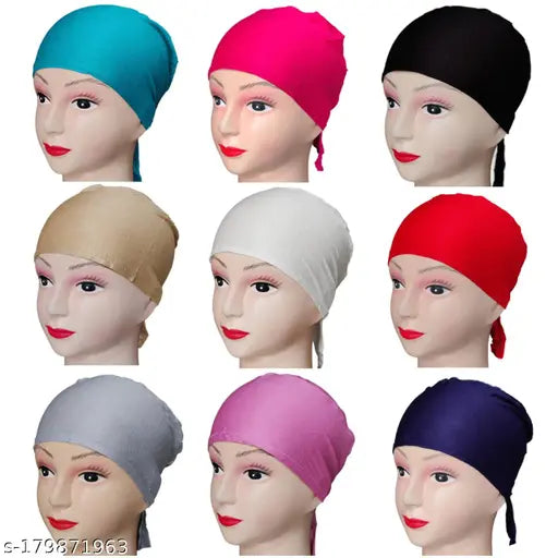 Cotton canvas hijab cap combo for Muslim women, pack of 10 solid head wraps, India origin