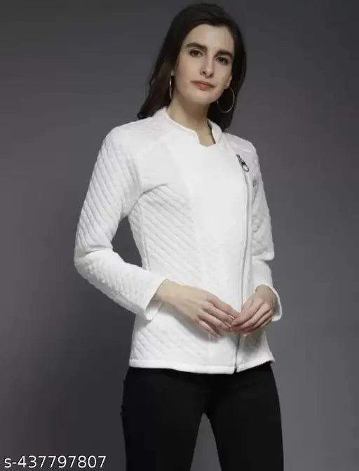 White fleece side zipper stylish jacket, solid black with textured net pattern, premium quality fabric assured