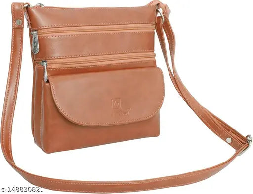 Faux leather Crazy Zipper tan bag, free size, water-resistant, adjustable strap, solid net design, features 1 main zip compartment, inner zip pocket, and back wide zip pocket, washable with soap and white cloth