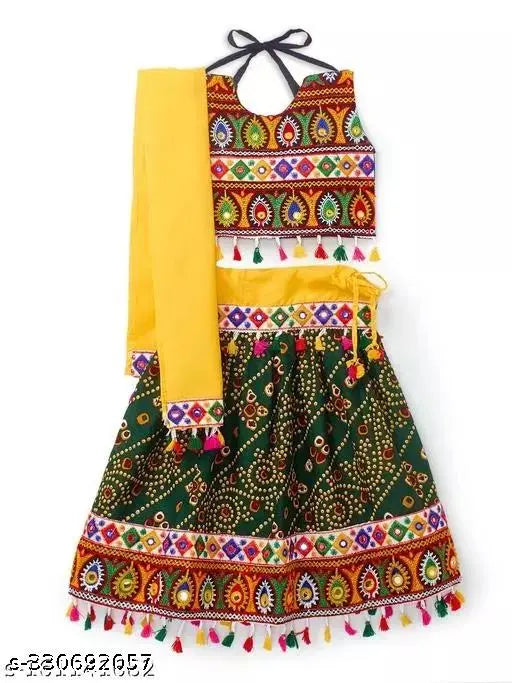 Green Kutchi Embroidered Chaniya Choli with Yellow Dupatta, cotton fabric for girls aged 6-5 years, latest festive wear