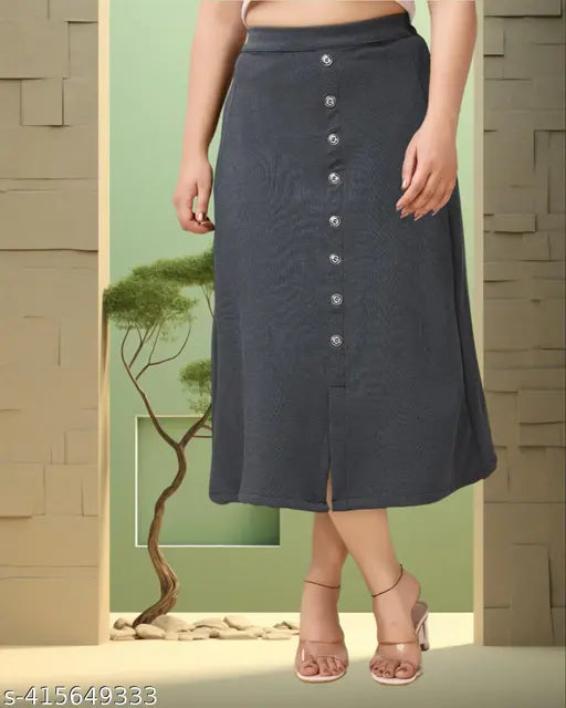 Embellished net cotton blend denim A-line skirt for women, calf length, available in sizes 26, 28, 30, 32, 34 (India)