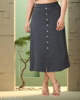 Embellished net cotton blend denim A-line skirt for women, calf length, available in sizes 26, 28, 30, 32, 34 (India)
