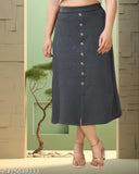 Embellished net cotton blend denim A-line skirt for women, calf length, available in sizes 26, 28, 30, 32, 34 (India)