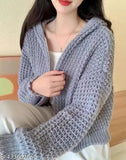 Peach woolen zipper cardigan with hoodie, perfect for winter wardrobes - Imported cozy style on mannequin