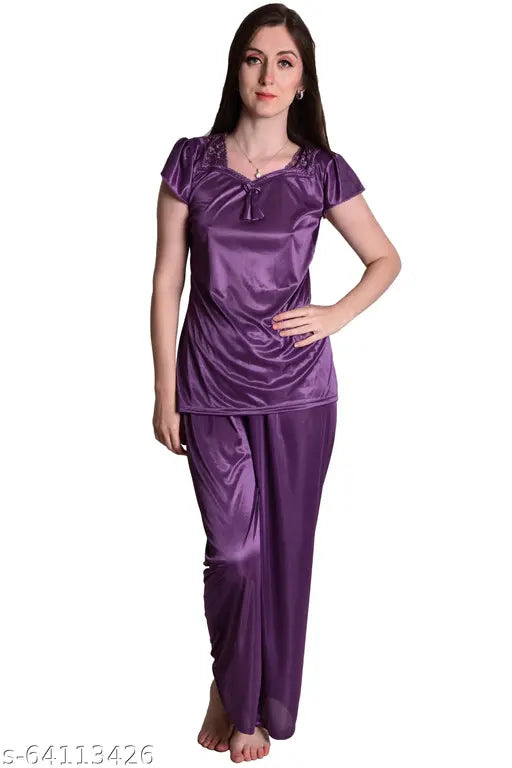 Purple, wine, coral pink satin pyjama top & bottom set by Nightdoll, perfect for bedroom or special nights