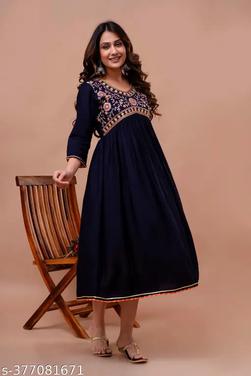 Embroidered rayon Anarkali Kurta in S-50, Indian women's fashion with three-quarter sleeves
