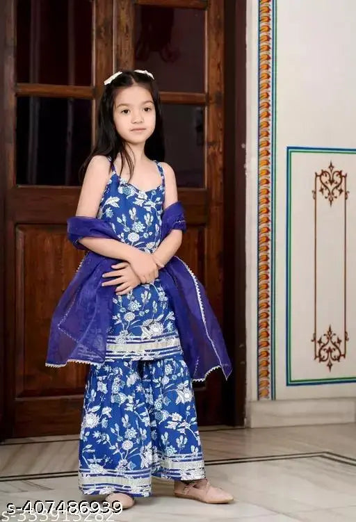 kids rayon kurta set with sharara and dupatta, multiple sizes from 3-14 years, traditional Indian clothing for kids