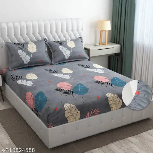 King-size cotton elastic bedsheets (double), 2 pillow covers, botanical print, superfine quality, Laughing Buddha brand, ideal for adult use during summer. Made in India with premium materials and manufacturing methods