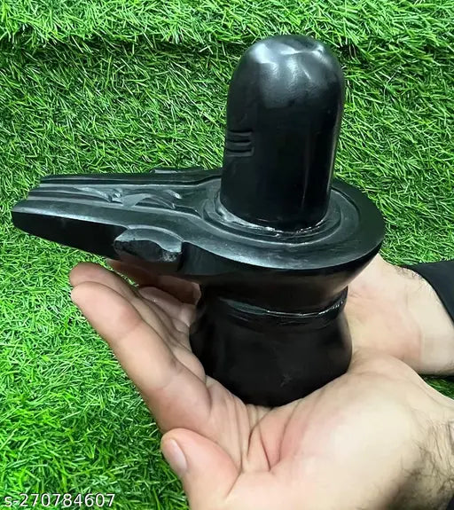 Premium finish black marble Shivling, large size (12 cm), symbolizes harmony and abundance for home worship in India