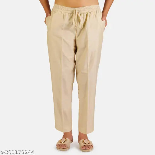 Women's poly blend fawn-colored Kurti Pant with full elastic, both side pockets, and high stitching quality. Indian-made, branded measurement kurti pant