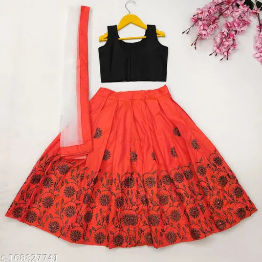 Taffeta silk ethnic lehenga choli for girls aged 2-5 years, solid top with embroidered pattern, sleeveless and net dupatta