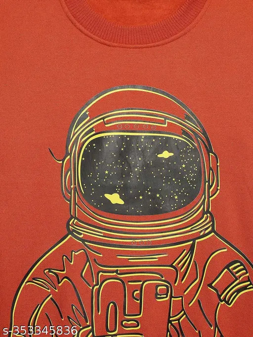 Rust printed round neck cotton fleece sweatshirt for boys, long sleeves, sizes range from 2-3 years to 15-16 years