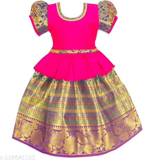 Embellished art silk Baby Girls and Girls Traditional Pattu Pavadai Lehenga Choli with Kamarband, short sleeves, India origin