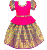 Embellished art silk Baby Girls and Girls Traditional Pattu Pavadai Lehenga Choli with Kamarband, short sleeves, India origin