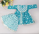 Blue cotton Spack Jerrow Kurti Sharara set for baby girls, featuring printed straight tops with three-quarter sleeves and sharara bottoms. Ethnic wear kids collection, suitable for ages 12-7 years
