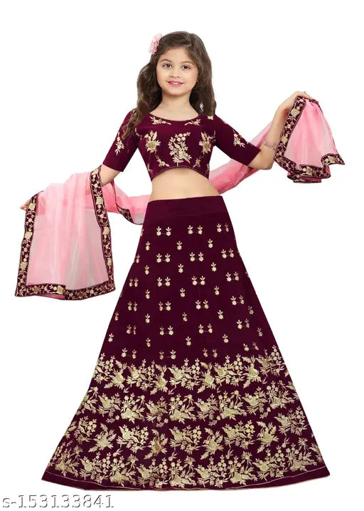 Blue silk semi-stitched lehenga Choli for girls aged 3-13, embellished with party embroidery and net dupatta