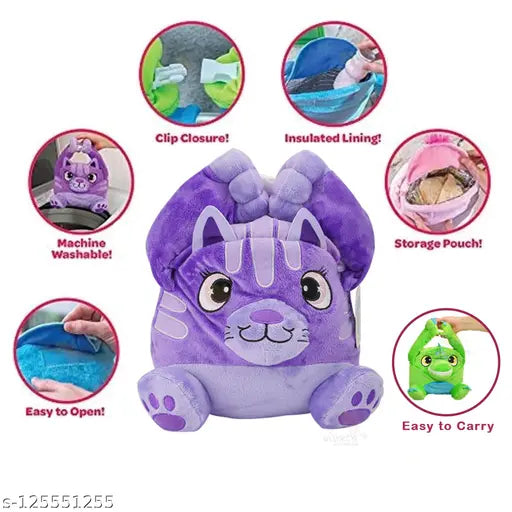 Purple cat design, washable & insulated kids lunch bag with hook and loop closure, perfect for school or on-the-go meals