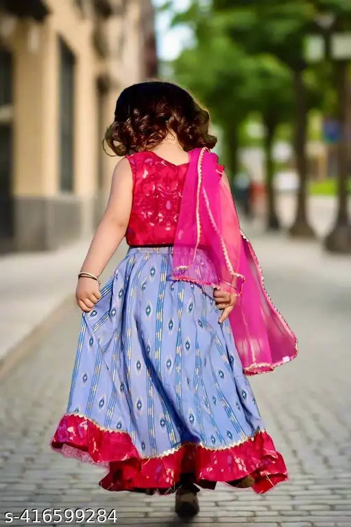 Bright printed cotton Lehenga-Choli-Dupatta set for young girls with net Dupatta, Indian tradition and floral design