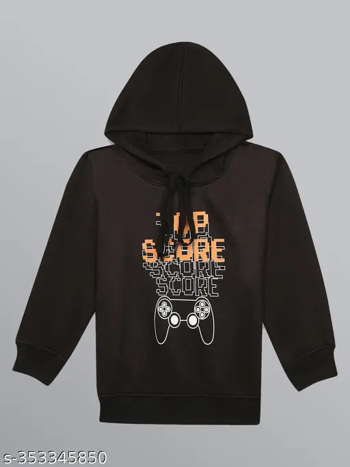 Black printed hooded cotton fleece sweatshirt for boys with long sleeves and diverse sizes available (2-3Y, 3-4Y, 4-5Y, 7-8Y, 8-9Y, 11-12Y, 12-13Y, 13-14Y, 14-15Y, 15-16Y)