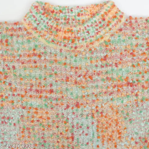 Peach acrylic self-design loose fit sweater for girls, 18-24 months size on model