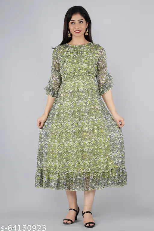 Rayon printed chiffon flared long kurta for women, trendy partywear, festive, India origin