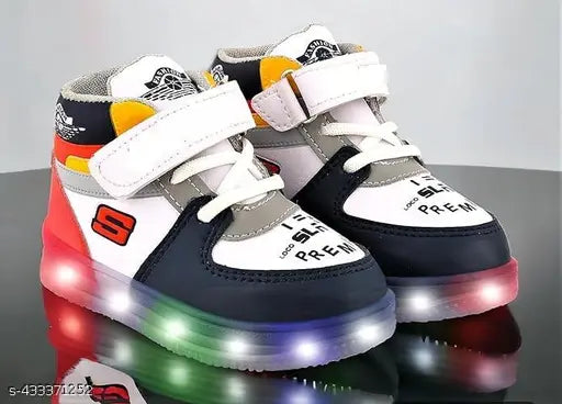 White synthetic leather and rubber LED light boys shoes - waterproof, comfortable, elegant for school