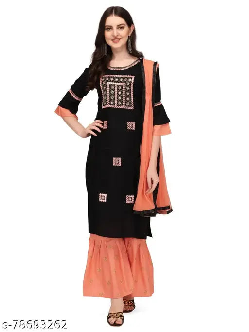 Embroidered net rayon dupatta set with sharara bottomwear and kurta - Indian women's fashion, three-quarter sleeves