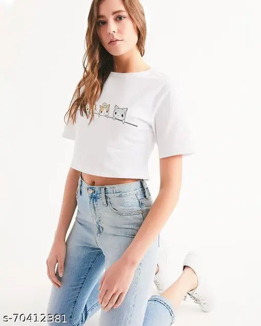 White Lycra short-sleeve t-shirt by GRECIILOOKS, printed design, ideal for casual wear with jeans or trousers, originates from India