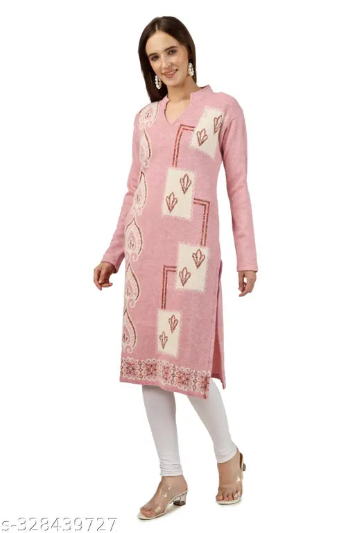 Trendy women's woolen kurti, long-sleeved printed combo in XL & XXL, warm winter wear from India