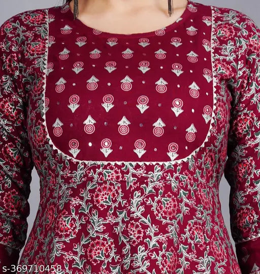 Women's Wine Rayon Printed Anarkali Kurta with Jaal & Buti design, three-quarter sleeves, festive wear